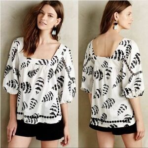 Anthropologie Lavi cotton square neck balloon sleeve feather blouse size XS